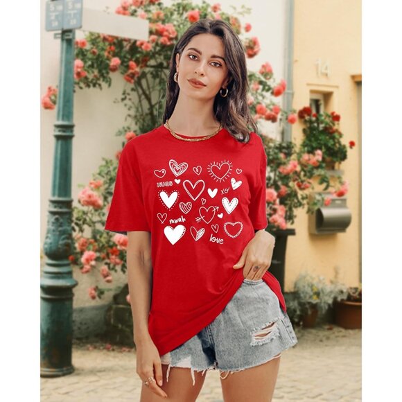 Meesheep Women Red Cute Love Hearts Pull On T shirts Valentines Day Gifts Tops - Picture 5 of 6